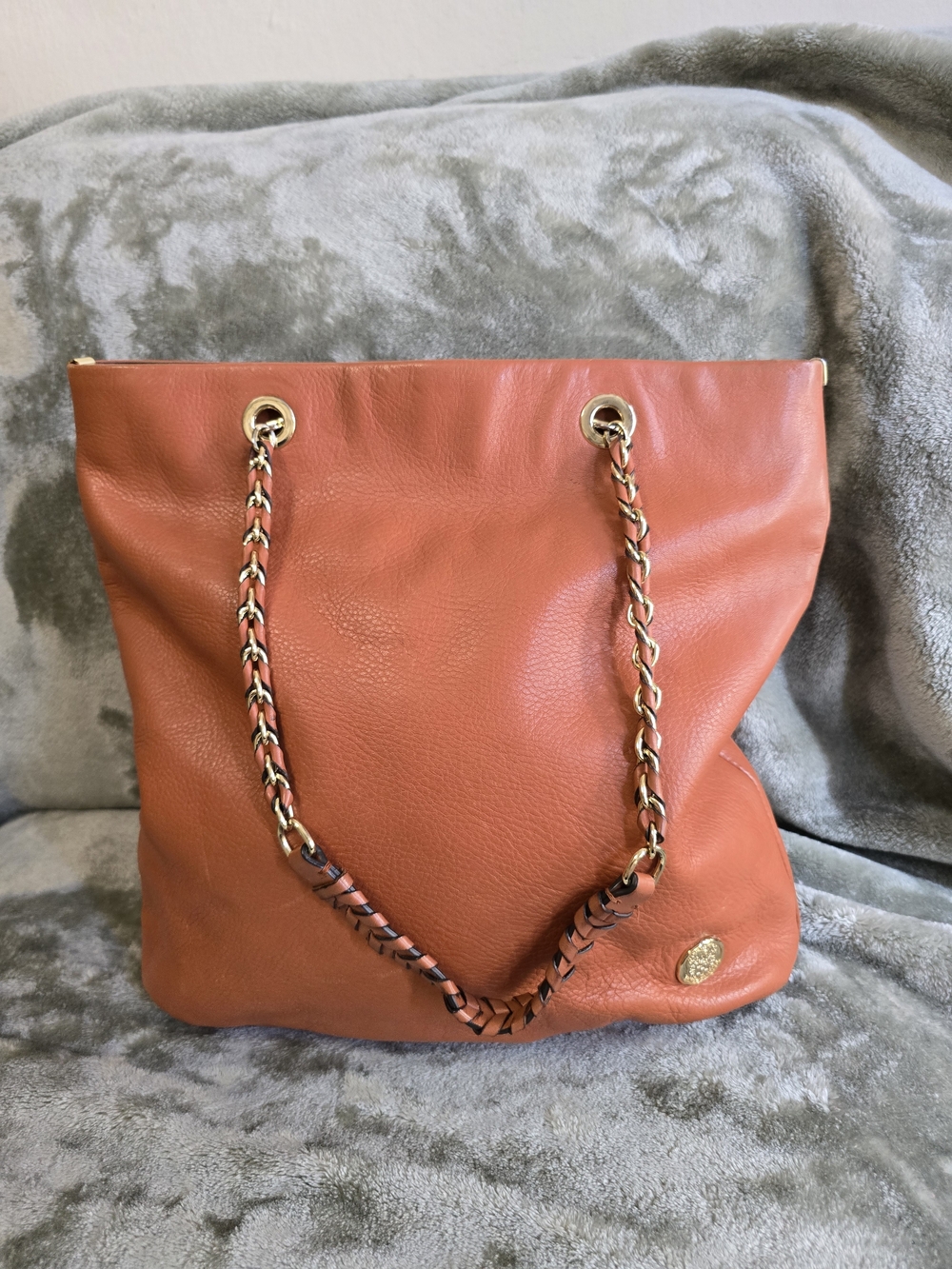 Leather Chain-Handle Tote Bag in Burnt Orange